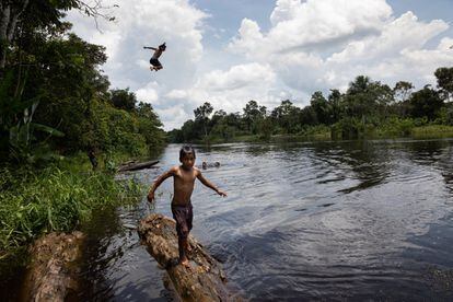 Los niños se bañan en las aguas amazónicas con bastante frecuencia e incluso se arrojan desde árboles como si fueran trampolines. Se inventan sus propios juegos. 