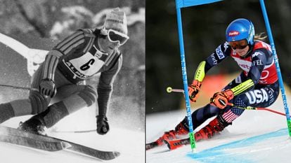 A la izquierda, Ingemar Stenmark en los Juegos Olímpicos de invierno de 1976; a la derecha, Mikaela Shiffrin durante la copa del mundo de esquí de 2023.