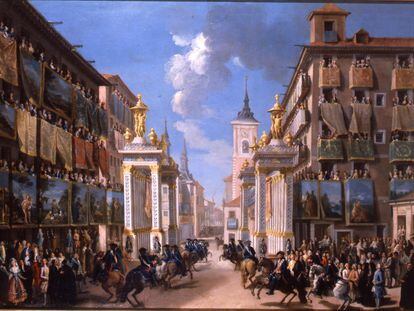 Ornatos de la Calle de las Platerías con motivo de la entrada de Carlos III en Madrid, del pintor Lorenzo Quirós (en torno a 1763).