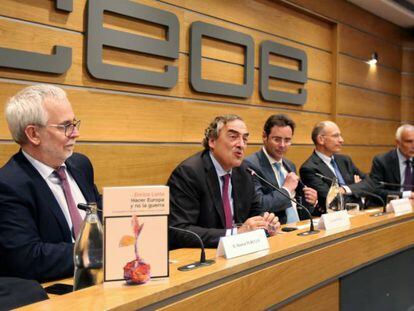 El presidente de la CEOE, Juan Rosell, durante la presentaci&oacute;n del libro del ex primer ministro italiano Enrico Letta