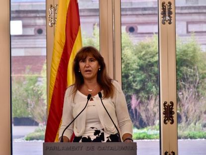 La presidenta del Parlament, Laura Borràs, en una comparecencia en el Parlament de Cataluña.