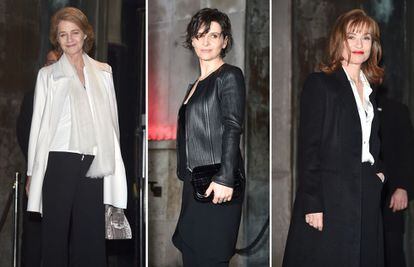 De izquierda a derecha: las actrices Charlotte Rampling, Juliette Binoche e Isabelle Huppert a su llegada al desfile de Armani.