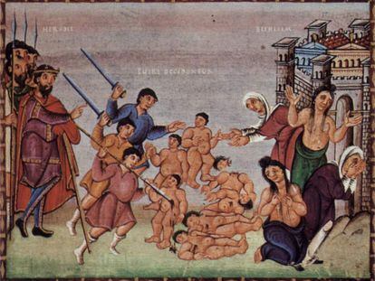 Els innocents: amb tota la càrrega que porta l’expressió, inevitablement al·lusiva a l’episodi evangèlic de la matança ordenada pel rei Herodes. Codex Egberti, Reichenau