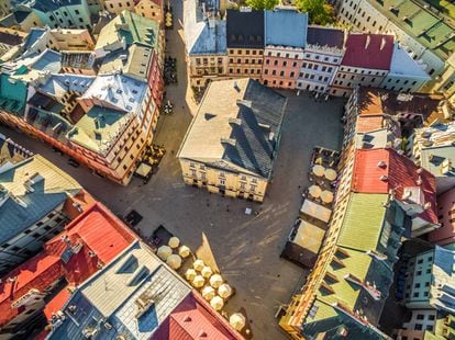 Vista aérea del centro histórico de la ciudad de Lublin (Polonia).