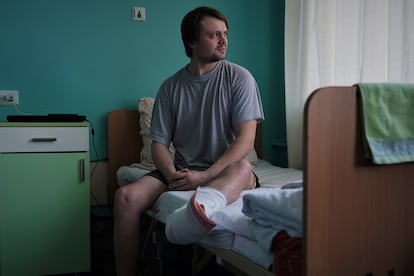 Vishgorod hospital room where 28-year-old Yuri Saluta, who was shot twice by Russian troops while volunteering for the Red Cross in the occupied town of Demydiv, north of kyiv, is recovering