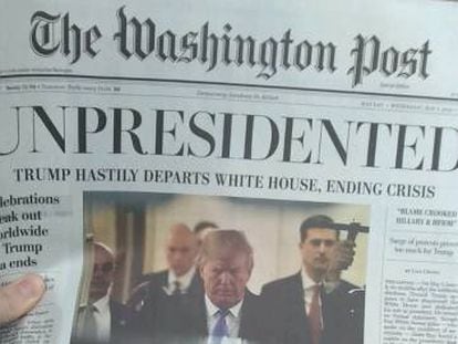 Portada de la edición falsa del periódico The Washington Post.