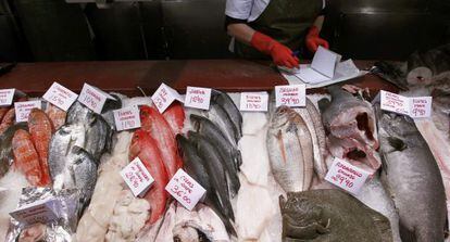 Puesto de venta de pescado en un mercado. 