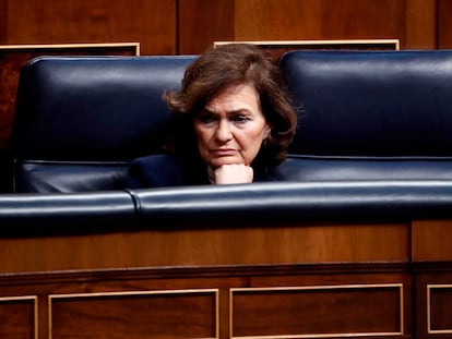 Carmen Calvo, en una imagen tomada el pasado 18 de marzo en el Congreso de los Diputados.