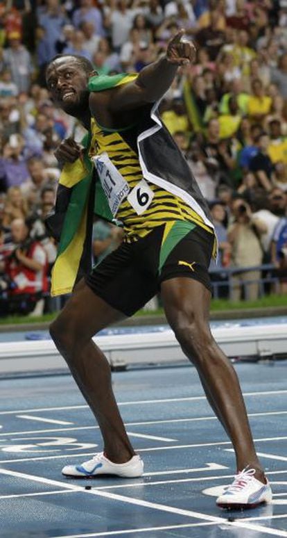 Bolt, tras vencer en los 100 metros de Mosc&uacute;. 