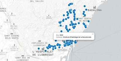 Mapa con los desahucios reportados por los movimientos sociales de Barcelona en 2022, en la herramienta MapHab.