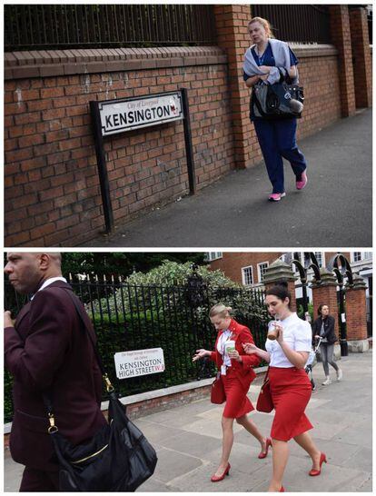 Una trabajadora camina por una calle principal de Kensington, Liverpool (arriba) el 19 de mayo de 2017 y varias personas caminan por una cale principal de Kensington, Londres, diez días después.