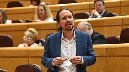 El vicepresidente segundo del Gobierno y líder de Unidas Podemos, Pablo Iglesias, interviene durante la sesión de control en el Senado, en julio.