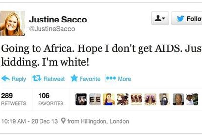 El tuit racista de Justine Sacco que provocó la polémica: “Voy a África. Espero no coger el sida. Es broma. Soy blanca”.