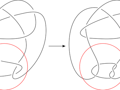 El nudo de Conway (derecha) y el nudo de Kinoshita-Terasaka (izquierda) son mutantes, es decir, uno puede obtenerse a partir del otro girando el círculo rojo.