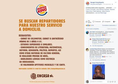El anuncio publicado por Burger King en su perfil de Facebook.