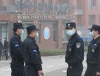 Security guards are seen in front of Wuhan Institute of Virology in Wuhan City, Hubei Province, China on February 3, 2021. Members of World Health Organization (WHO) visited this facility on the same day. WHO probe team has been tackling to investigate into the origins of the new coronavirus COVID-19 pandemic. ( The Yomiuri Shimbun )