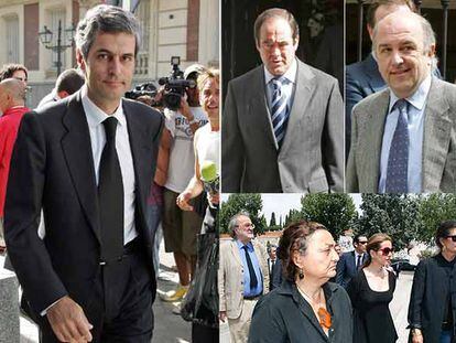De izquierda a derecha, Adolfo Suárez Illana, José Bono y Joaquín Almunia, en la sede de la Fundación Santillana, donde estaba instalada la capilla ardiente. Abajo, a la derecha, en primer término, la diseñadora Elena Benarroch en el cementerio de la Almudena.