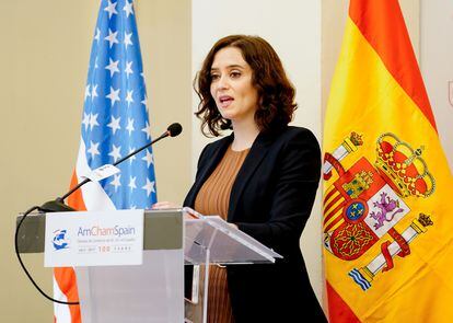 La presidenta de Madrid, Isabel Díaz Ayuso, durante la comparecencia.