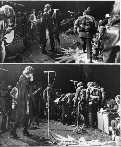 Mick Jagger, de los Rolling Stones, interrumpe su actuación en el festival de rock de Altamont ( Estados Unidos) , mientras contempla la intervención de motoristas de Los Ángeles del Infierno, encargados de la seguridad del concierto, que se saldó con una persona muerta. En 1969.