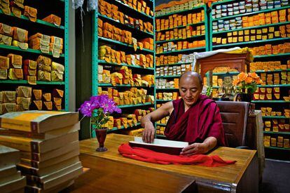 En la Tibetan Library, Lobsang Kalsang, de 42 años, es guardián de las enseñanzas de Buda (rojos) y sus comentarios (amarillos), traídos de Tíbet  como un tesoro.
