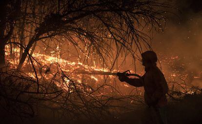 Labores de extinción del incendio declarado en el municipio vizcaíno de Berango que se ha extendido hasta zonas arboladas y de maleza de Sopelana.