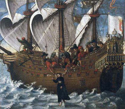 Pintura del siglo XVII del Museo de la Marina de Lisboa que recrea el milagro de san Francisco Javier en el Santa Cruz; en la ruta entre Macao y Japón.