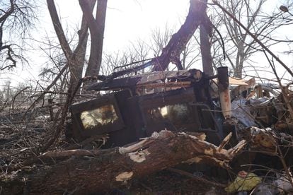 A Ukrainian armored infantry vehicle destroyed by Russian fire on the Chasiv Yar front last Saturday.