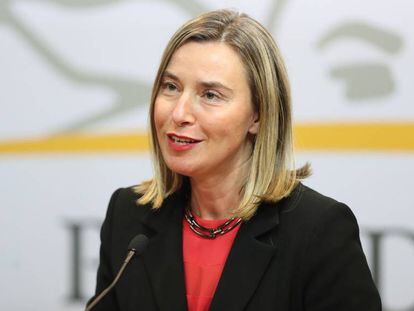 La alta representante de la UE para Asuntos Exteriores, Federica Mogherini, en una rueda de prensa en Montevideo este jueves tras la primera reunión del Grupo Internacional de Contacto sobre Venezuela.