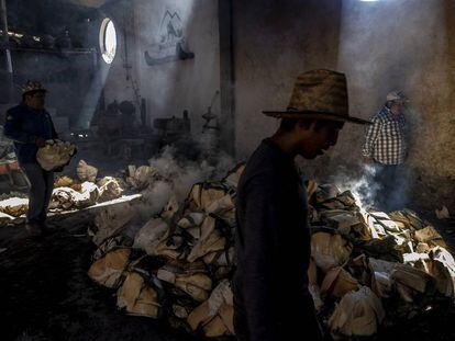 Trabajadores del palenque mezcalero Macurichos trabajan horneando pencas de mezcal en la comunidad de Santiago Matatlán, el pasado 11 de marzo.