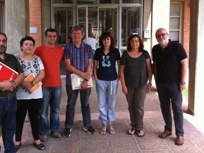 Representantes de Escola Valenciana, el STEPV, CC OO y FETE-UGT tras la mesa sectorial de Educaci&oacute;n. 