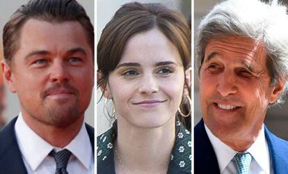 Leonardo DiCaprio, Emma Watson y John Kerry.