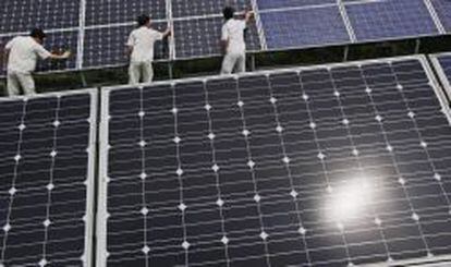 Trabajadores colocan paneles solares en Baoding (China). 