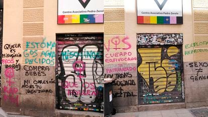 Pintadas en la fachada de la sede del COGAM, en Madrid.