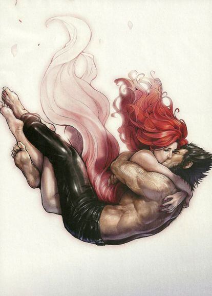 Beso aéreo de Wolverine (Lobezno) en 'X-Men Forever' (2010).
