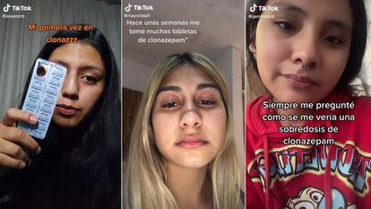 Vídeos de tres jóvenes en Tik Tok hablando sobre clonazepam.