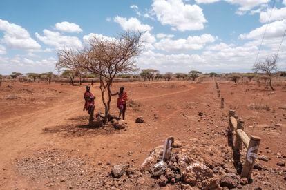 Dos masáis, entre las tierras de dos granjas, cerca del Parque Amboseli, en Kenia