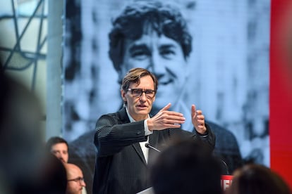 El primer secretario del PSC, Salvador Illa, este domingo en la presentación del candidato socialista al lehendakari, Eneko Andueza, en Bilbao.