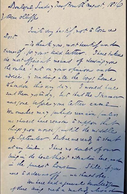 La carta que Dickens escribió a James Olliffe, fechada el 24 de agosto de 1856.