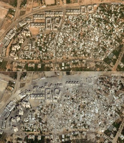 Vista satelital del pueblo de Izbat Beit Hanun, al norte de la franja de Gaza. Arriba, en una imagen del 10 de octubre, y abajo, en una del día 21, tras ser bombardeado por Israel. 