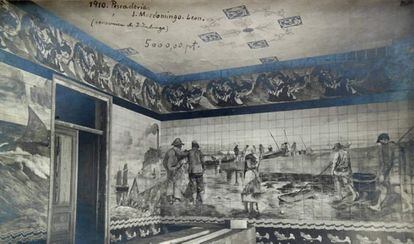 Fotografía de la parte del mural desaparecido de la pescadería Mardomingo de León, obra de Daniel Zuloaga.