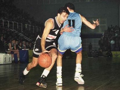 Djordjevic supera la defensa de Alberto Herreros, en el Partiz&aacute;n-Estudiantes de la Euroliga de 1992 disputado en el Fernando Mart&iacute;n de Fuenlabrada