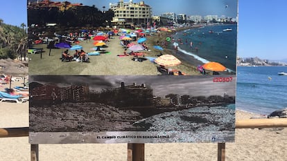 Una fotografía del futuro posible de una playa de Benalmádena (Málaga) para concienciar sobre el cambio climático.