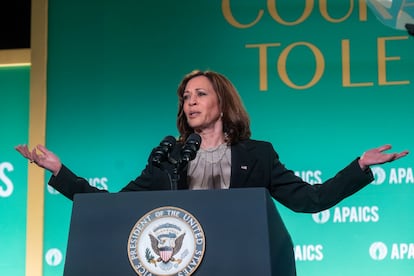 La vicepresidenta de Estados Unidos, Kamala Harris, durante su intervención de este martes en Washington.

