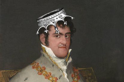 Montaje sobre el retrato que hizo Goya de Fernando VII, que data de 1815. La obra original se encuentra en el Museo Thyssen de Madrid.