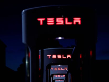 FILE PHOTO:  Tesla Superchargers are shown in Mojave, California