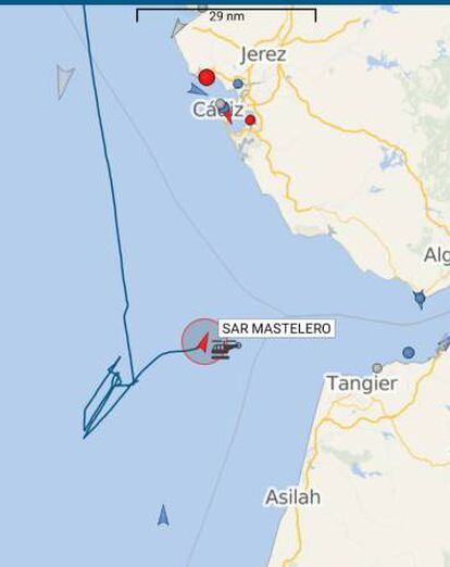 Trayectoria seguida por el buque 'Sar Mastelero' en su búsqueda del 'Rúa Mar'.