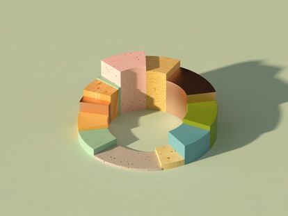 Digital generated image of abstract multi colored donut/pie chart on pastel green background.