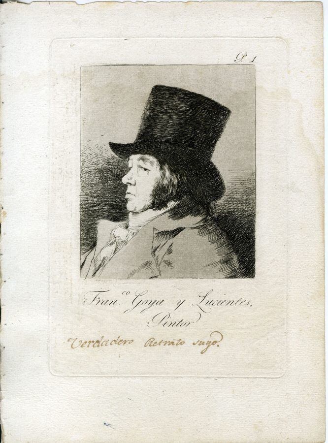 Autorretrato de Francisco de Goya de la serie 'Caprichos', en aguafuerte y aguatinta.