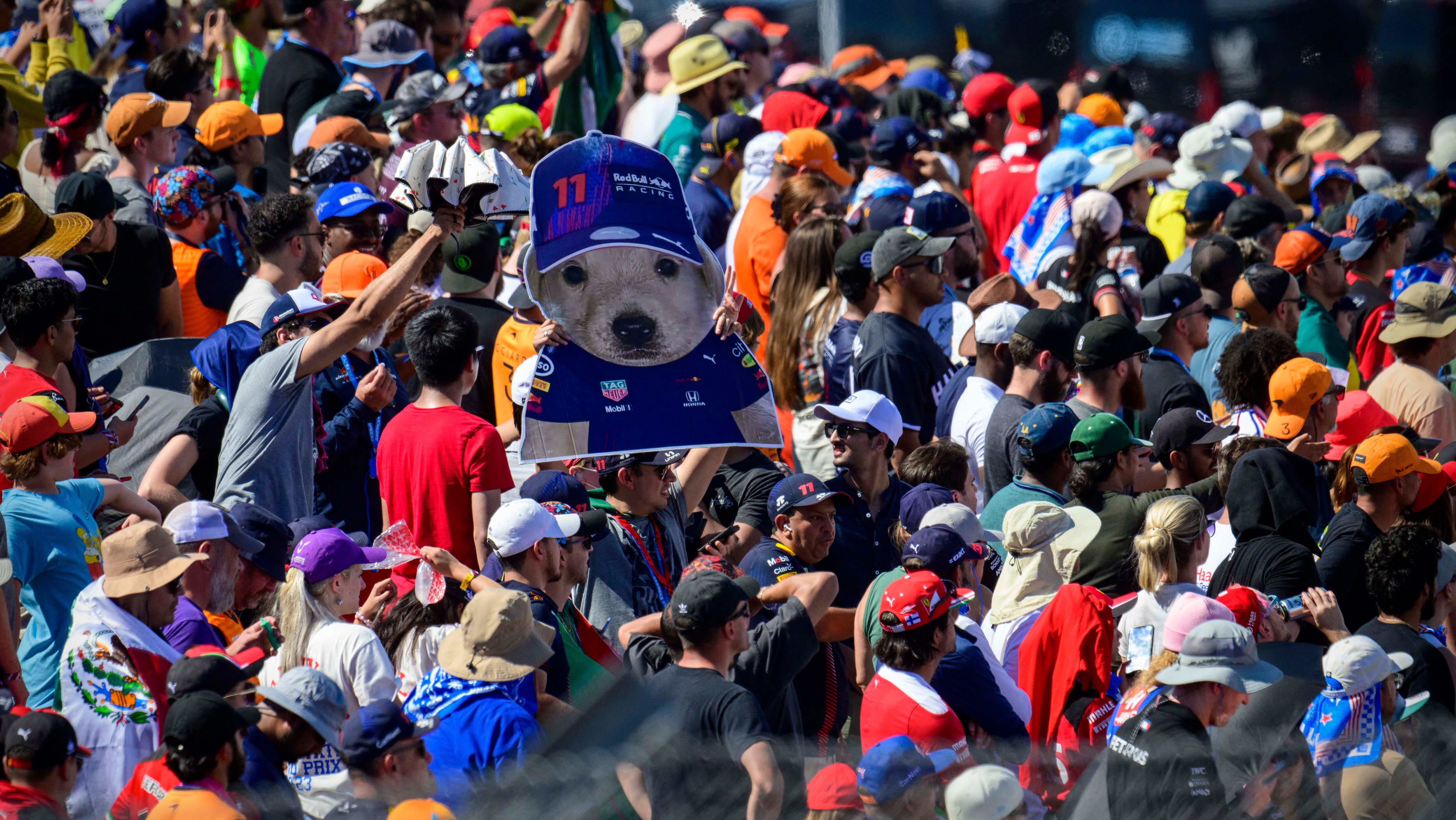Seguidores de Checo Pérez muestran la imagen de un meme en honor al mexicano, en el Gran Premio de Austin.