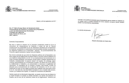 Carta falsas de Roberto Bermúdez de Castro a Soraya Sáenz de Santamaría sobre el apoyo europeo al referéndum catalán.